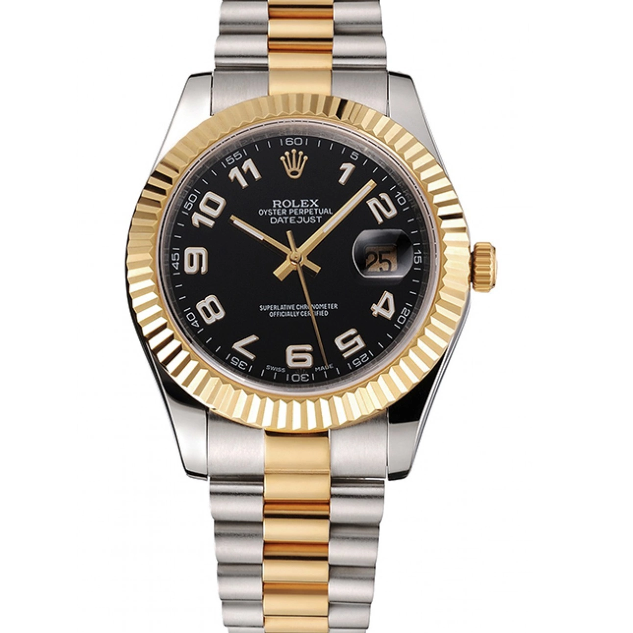 Black Bezel Tone Bracelet Datejust Gold Stainless Two Rolex Dial Swiss Case Steel 0602
